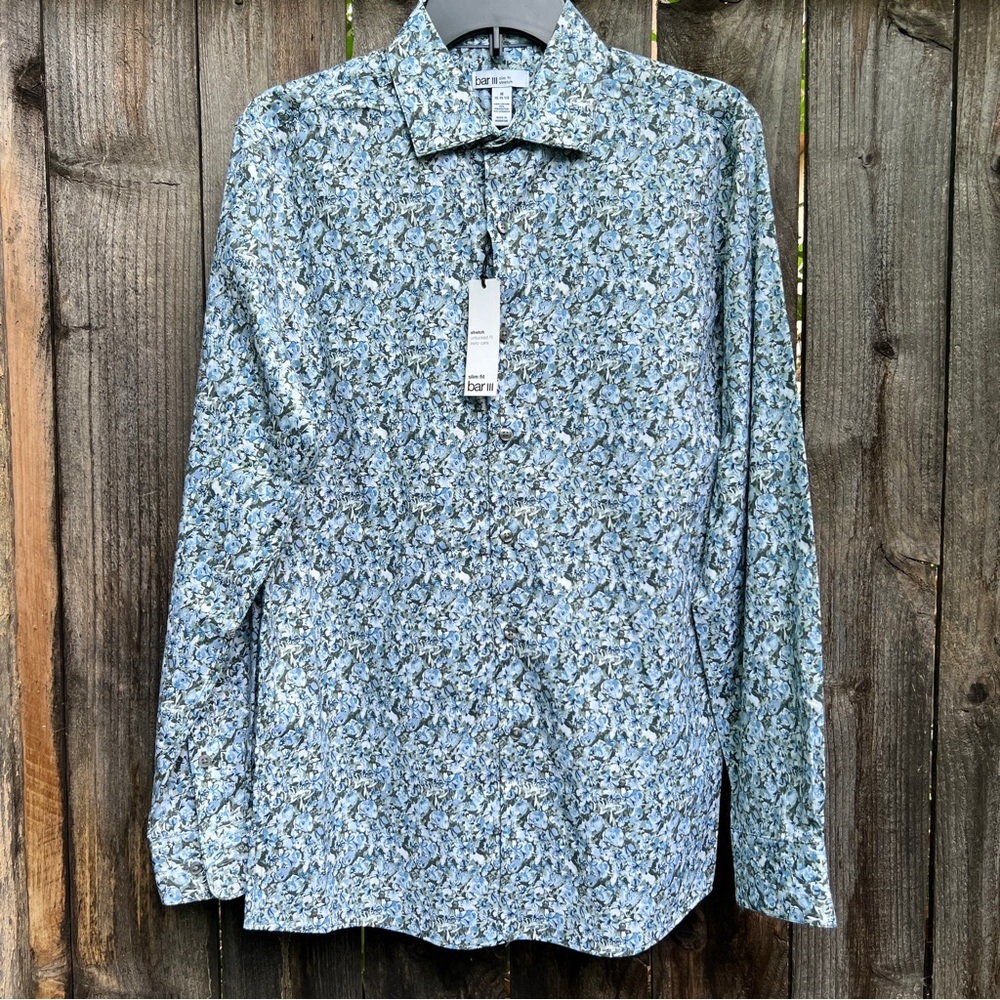 Bar III Men Slim Fit Dress Shirt Stretch Olive Blue Floral MSRP $70